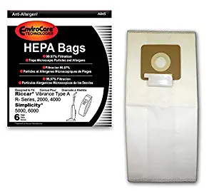 EnviroCare Replacement HEPA Vacuum Bags for Riccar Vibrance Type A R-Series, 2000, 4000, Simplicity 5000, 6000 6 Pack