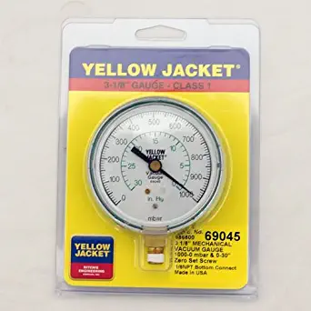 Yellow Jacket 69045 Vacuum Gauge European Version (1000-0 Millibar/30-0"), 3 1/8"