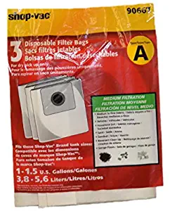 Shop Vac Corporation 9066700 Paper Bag, Type A QAS60 1.5 Gallon 3 Pk