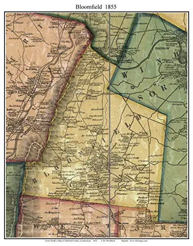 Bloomfield 1855 Old Town Map with Homeowner Names Connecticut - Reprint Hartford County CT