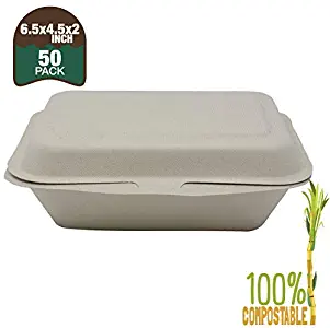 Biomundi 100% Compostable Clamshell Take Out Food Containers 6.5"x 4.5" x 2" [50-Pack] to go Containers Disposable Bagasse, Eco-Friendly Biodegradable Made of Sugar Cane Fibers Brown