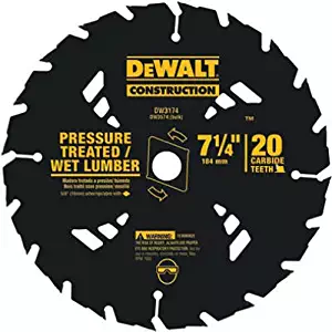 DEWALT DW3174 Construction Series 7-1/4-Inch 20 Tooth ATB Thin Kerf Pressure Treated and Wet Lumber Cutting Saw Blade with 5/8-Inch and Diamond Knockout Arbor