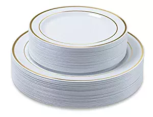 Disposable Plastic Plates - 60 Pack - 30 x 10.25" Dinner and 30 x 7.5" Salad Combo - Gold Trim Real China Design - Premium Heavy Duty - By Aya's Cutlery Kingdom