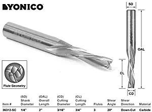 Yonico 36312-SC 3/16-Inch Dia 3 Flute Low Helix Downcut Spiral End Mill CNC Router Bit 1/4-Inch Shank