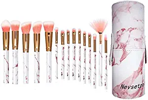 Make Up Brush Set with Holder Case NEVSETPO Premium Synthetic Kabuki Full Face Make Up Brushes with Organizer Roll Case Holder (Marble Pink)