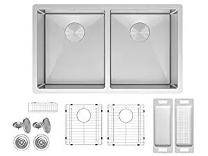 ZUHNE Genoa 32 Inch 16G Stainless 50/50 Double Bowl Under Mount Sink W. Grate Protector, Caddy, Colander Set, Strainers and Mounting Brackets