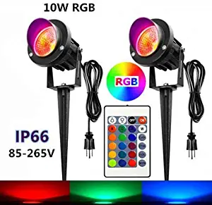 2 Pack 10W RGB LED Spotlight with Remote Control, Plug, Dimmable Color Changing Outdoor Landscape Spotlights,Garden Spotlight, IP66 Waterproof for Indoor Outdoor Decorative Garden Landscape Lighting