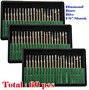 MTP Tm 60 Pcs Diamond Burr Bits Drill Glass Gemstone Metal for Dremel Craftsman Rotary Tool 1/8