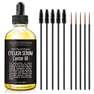 Castor Oil USDA Certified Organic, 100% Pure, Cold Pressed, Hexane-Free by Alchemy. Stimulate Growth for Eyelashes, Eyebrows, Hair. Lash Growth Serum, Brow Treatment.Deluxe Mascara Kit Included