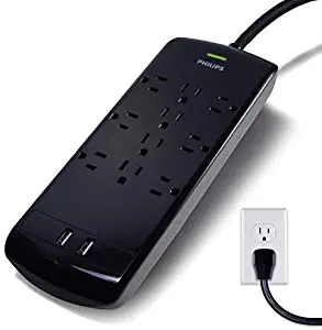 Philips 10 Outlet Power Strip Surge Protector, 2 USB Charging Ports, 6ft Long Power Cord, Flat Plug, Wall Mount, 2880 Joules, ETL Listed, Circuit Breaker, Automatic Shutdown, Black, SPP6710BC/37