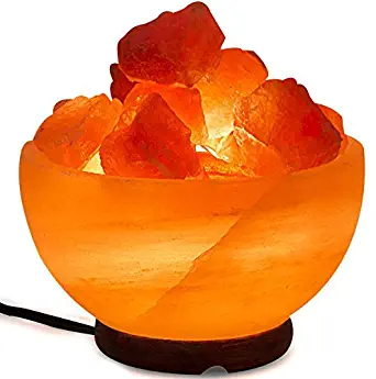 Himalayan Salt Lamp Bowl with Natural Crystal Chunks, Dimmer Cord and Classic Wood Base Premium Quality Authentic from Pakistan