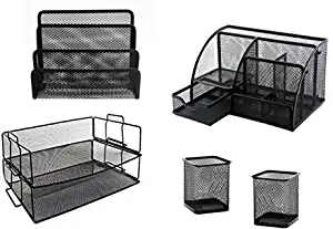 Mesh Organizer 5 Piece Combo Set - All In One! Black Mesh Office Supplies Holder, Storage and Trays. Letter Sorter/Pen Pencil Cup/2 Tier Paper Tray/Desk Caddy. By Mega Stationers
