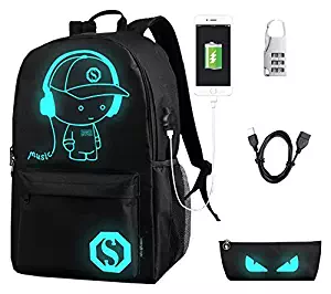 FLYMEI Anime Cartoon Luminous Backpack with USB Charging Port and Anti-Theft Lock & Pencil Case, Unisex Fashion College School Bookbag Daypack Travel Laptop Backpack, Black