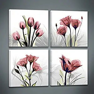 Niterny Art Flower Painting Canvas Wall Art 4 Panles Elegant Red Tulip Abstract Picture Artwork for Modern Home Decor