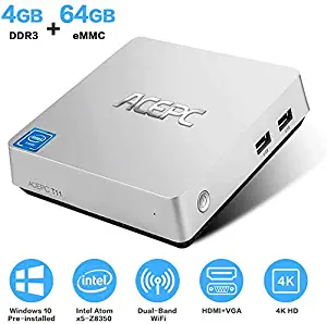 ACEPC Mini PC, 4GB DDR3/64GB eMMC Mini Computer Intel x5-Z8350 Windows 10 Pro Fanless Desktop Computer Support 2.5-Inch SATA SSD/HDD, HDMI/VGA Port, 4K HD, Dual Band WiFi, VESA Mount, Gigabit Ethernet