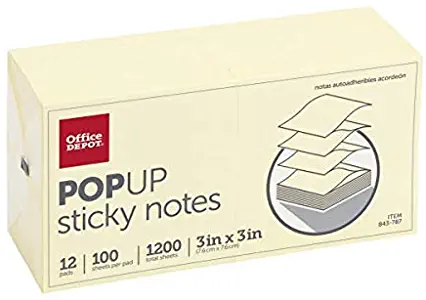 Office Depot Brand Pop-Up Notes, 3" x 3", Yellow, 100 Sheets Per Pad, Pack of 12