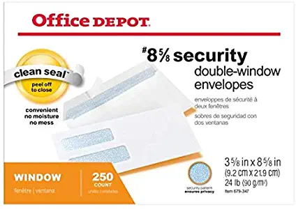 Office Depot Double-Window Envelopes, 8 5/8in. (3 5/8in. x 8 5/8in.), White, Self-Adhesive, Box of 250, 77159