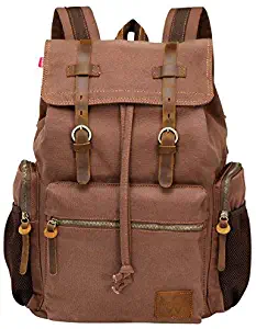 Wowbox Canvas Backpack Vintage Leather 15.6 Inch Laptop School Backpack Travel Rucksack Coffee