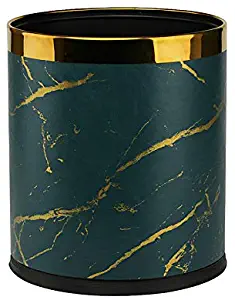 Double Layer Metal Trash Can with PU Leather Covered Waste Paper Basket, Storage Bin for Bathroom, Living Room, Office and High Class Hotel (Mable Green Gold Double Layer)