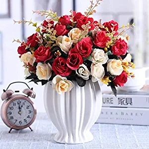 LY EMMET Artificial Rose Bouquets with Ceramics Vase Fake Silk Rose Flowers Decoration for Table Home Office Wedding-Red