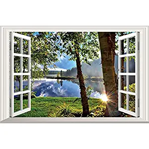 Home Find 3D Fake Windows Walls Stickers Peaceful Lake Sunshine Through The Woods Scenery Decor Frame Window Removable Vinyl Art Murals Bedroom Living Room Home Decals