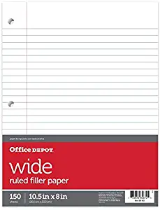 Office Depot Notebook Filler Paper, Wide-Ruled, 8in. x 10 1/2in, 3-Hole Punched, White, Pack of 150 Sheets, 09250OD