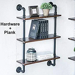 OSLAMP 24 inch Water Pipe Shelf Hardware + Planks Industrial Iron Pipe Wall Shelves 3 Tier DIY Rustic Floating Wood Storage Shelving Decorative Pipe Open Bookshelf for Home Office Organizer
